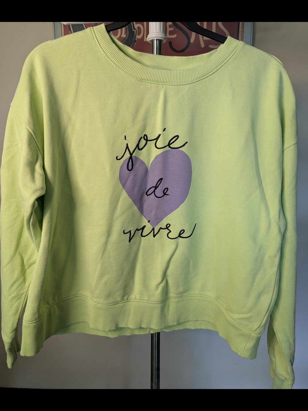$20 Anthropologie Maeve Small Joie de Vivre Heart Crewneck Sweatshirt Lime Green